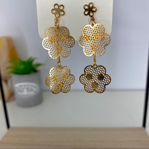 New Genuine Gold Flower Chandelier Earrings - Picture 1 of 1